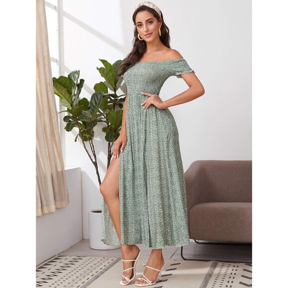 Women's Boho Floral Print Off Shoulder Split Long A Line Dress - Picture 3 of 6